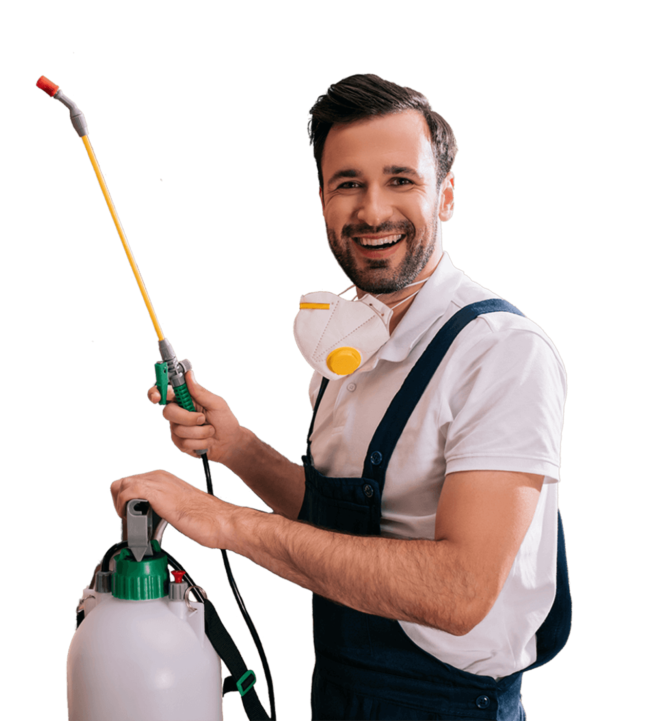 A smiling pest control technician wearing safety gear and holding a spray applicator.