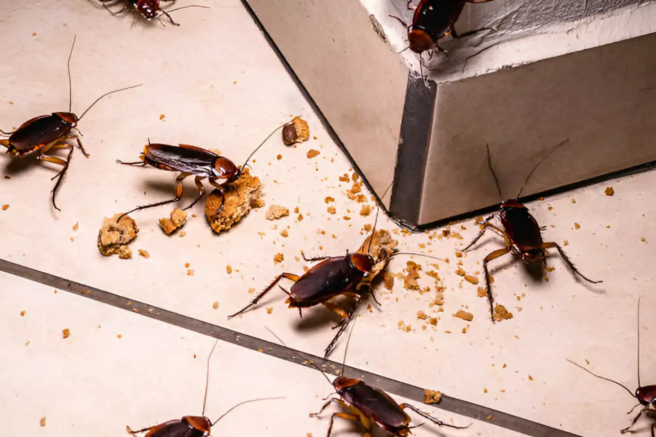 Cockroaches Scavenging on Kitchen Floor